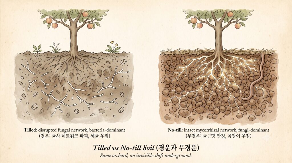 경운한 토양과 무경운 토양의 지하부 비교 도감