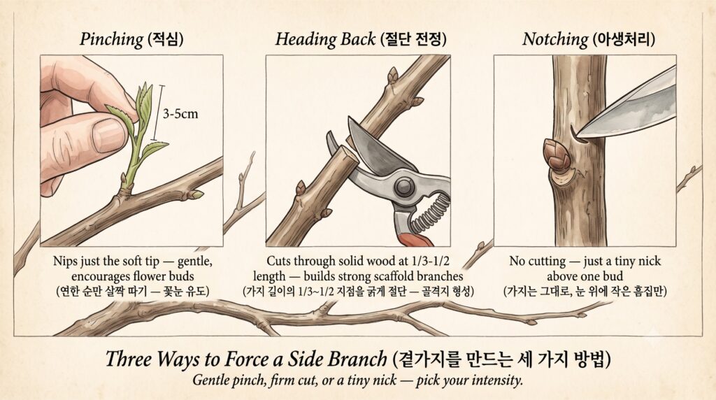 곁가지를 만드는 세가지 방법 적심, 절단전정, 아생처리에 관한 도감