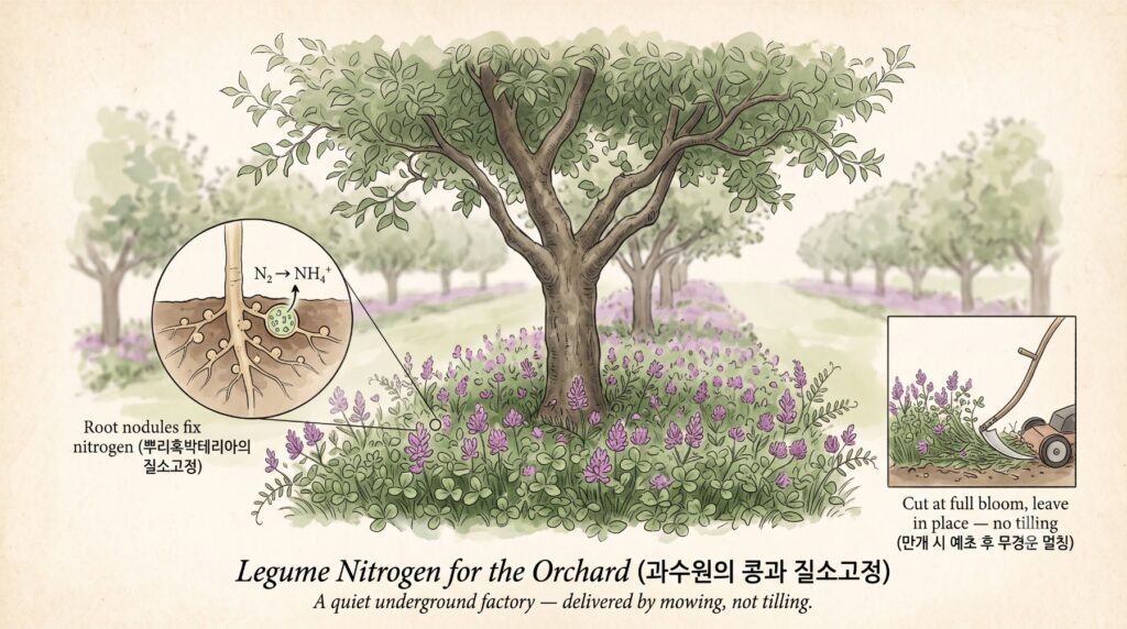 과수원 콩과식물 질소고정의 특징과 무경운 멀칭을 보여주는 도감