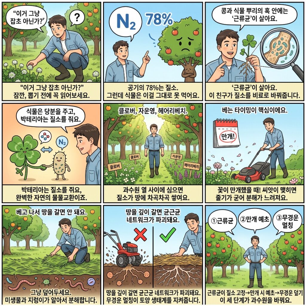 콩과식물이 과수원에 미치는 영향과 특징을 설명하는 웹툰