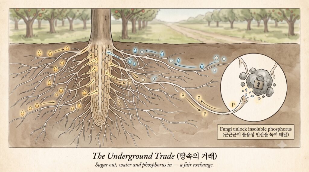 땅속에서 이루어지는 뿌리와 균근균의 조용한 거래를 보여주는 도감