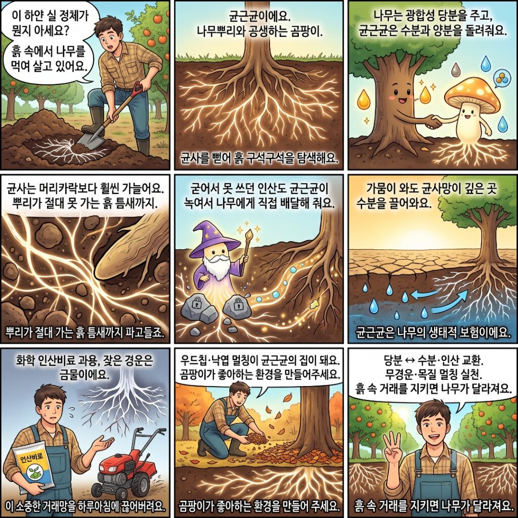 땅속에 나무와 균근균의 거래를 보여주는 웹툰