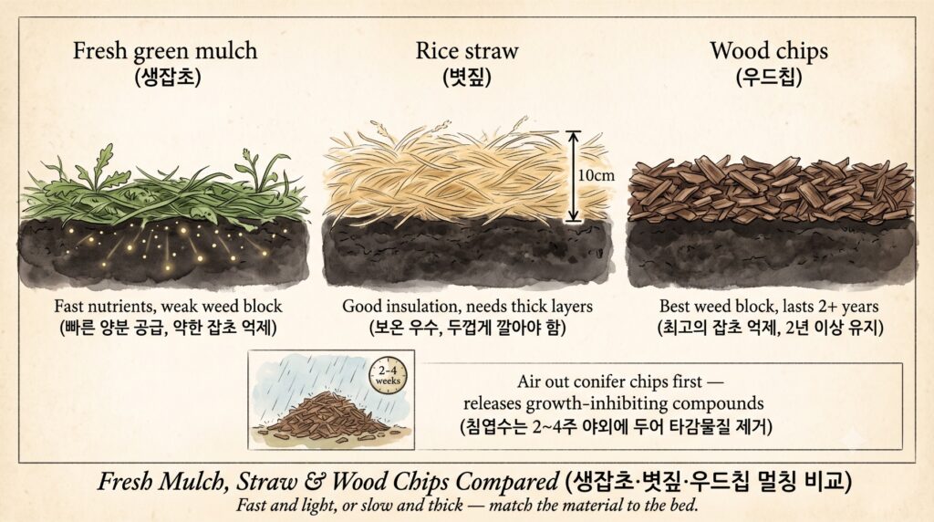 멀칭 재료별 특징을 비교하는 도감