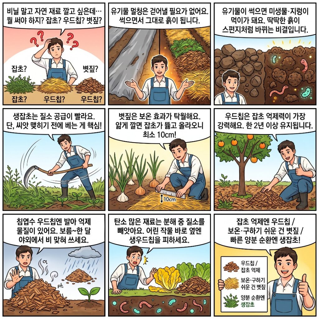 멀칭 재료별 특징을 보여주는 웹툰