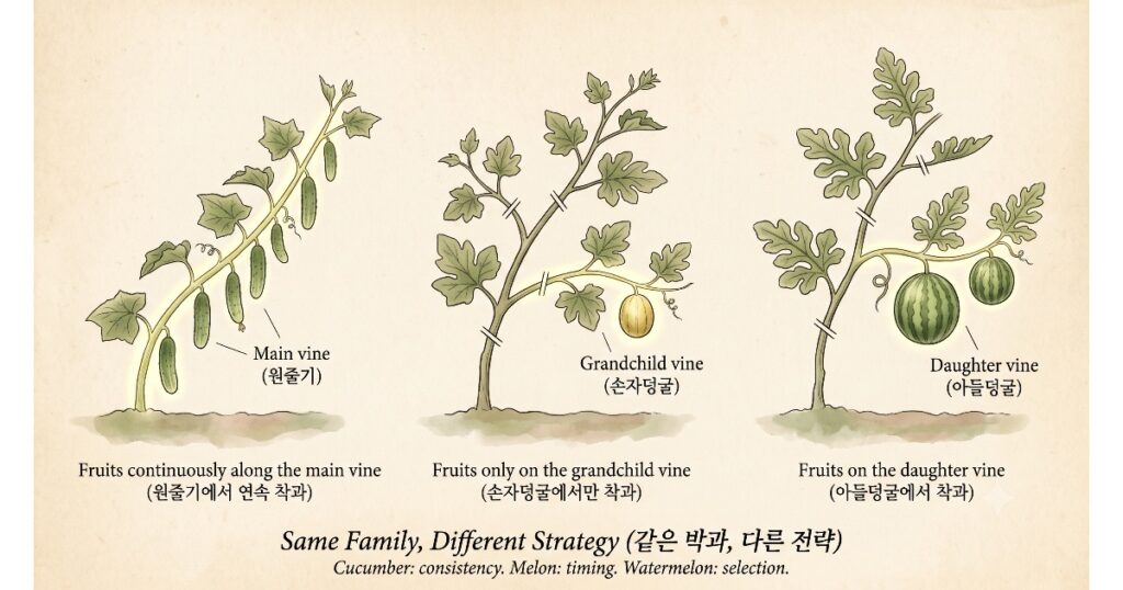 오이, 참외, 수박의 열매가 달리는 위치를 알기 쉽게 그림으로 표현한 도감