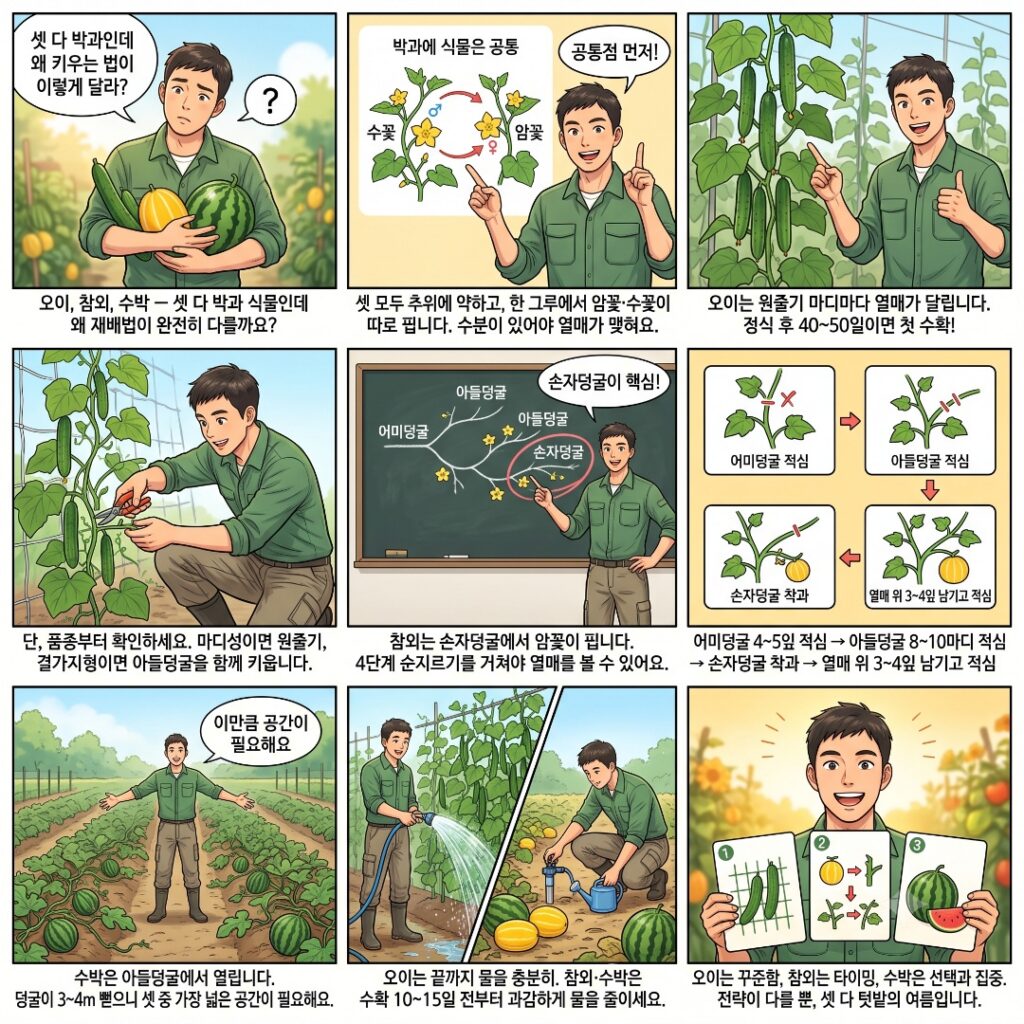 오이 참외 수박의 재배법에 관한 특징을 보여주는 웹툰