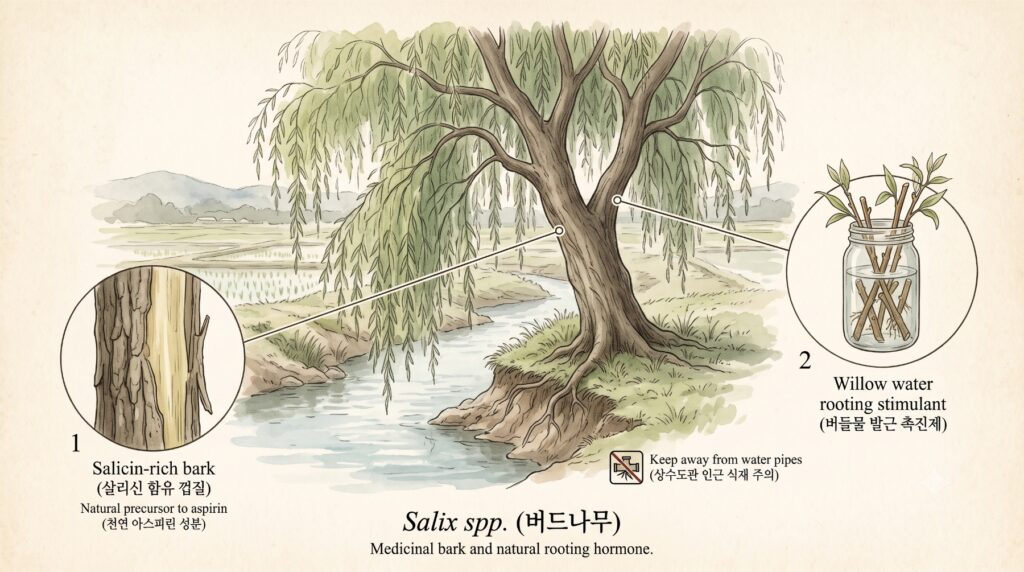 버드나무 효용성을 보여주는 개울가 버드나무 풍경