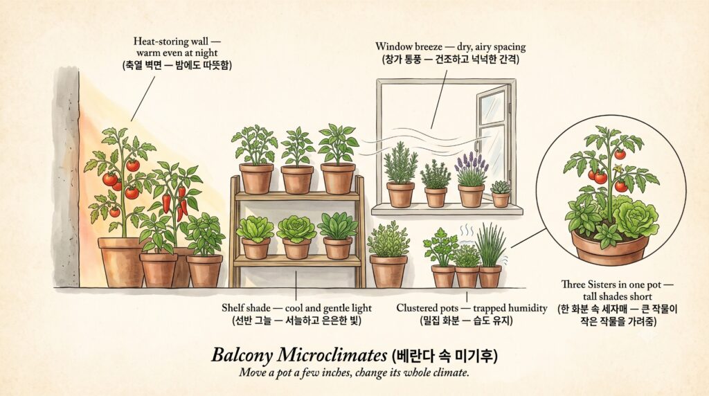 베란다안에서 다양하게 펼쳐지는 미기후를 보여주는 도감