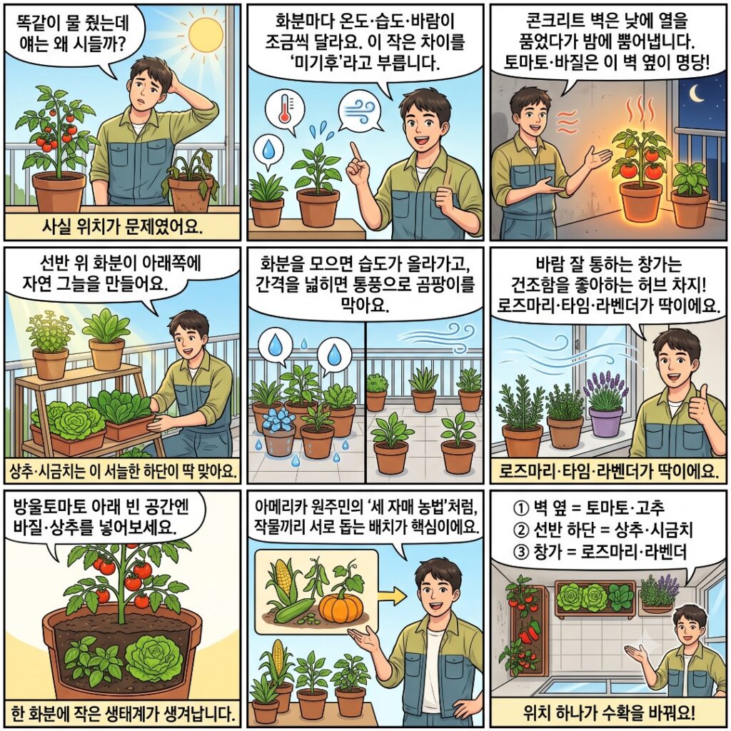 베란다 속 미기후에 따른 적절한 작물의 위치를 보여주는 웹툰