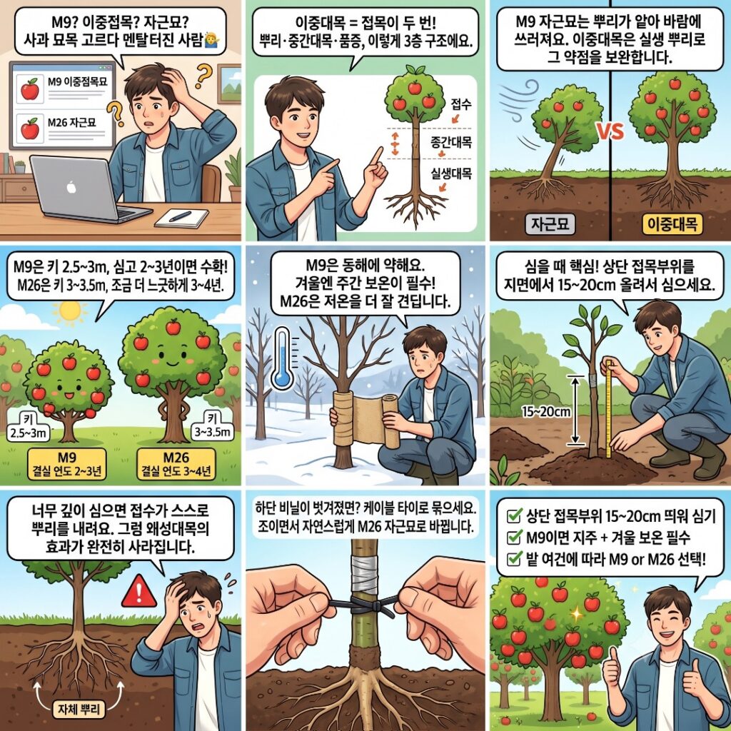 사과 이중대목에 관한 특성을 설명하는 삽화