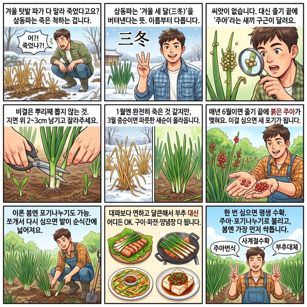 삼동파의 사계절 수확에 관한 설명과 요리법을 설명하는 웹툰