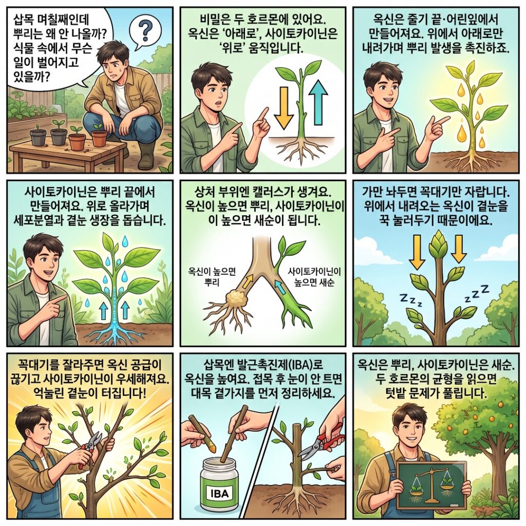 옥신과 사이토카이닌 호르몬의 특징과 그에 따른 식물의 생리를 보여주는 웹툰