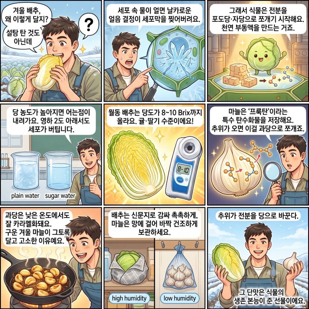 월동배추와 마늘의 특징과 생리를 설명하는 웹툰