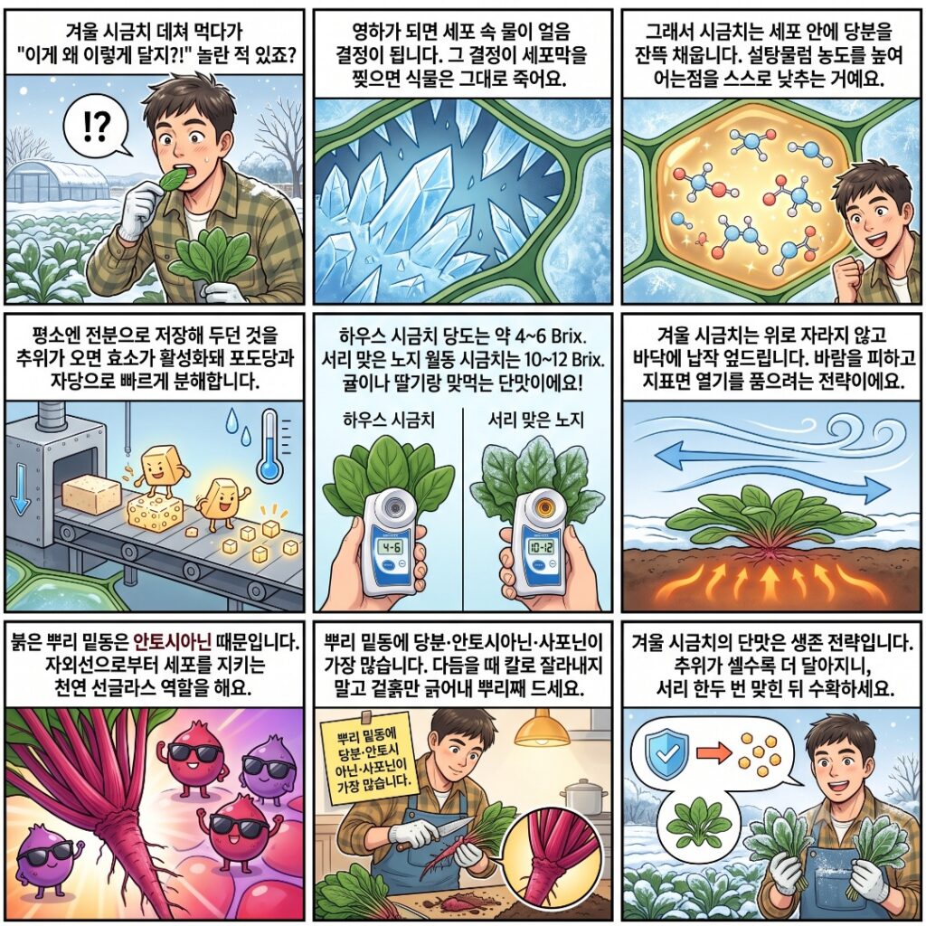 월동시금치의 당도가 올라가는 원리를 설명하는 웹툰