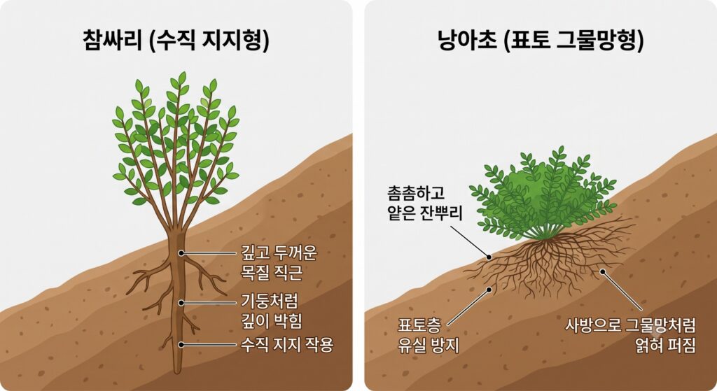 참싸리 낭아초 뿌리내림 비교를 보여주는 다이어그램