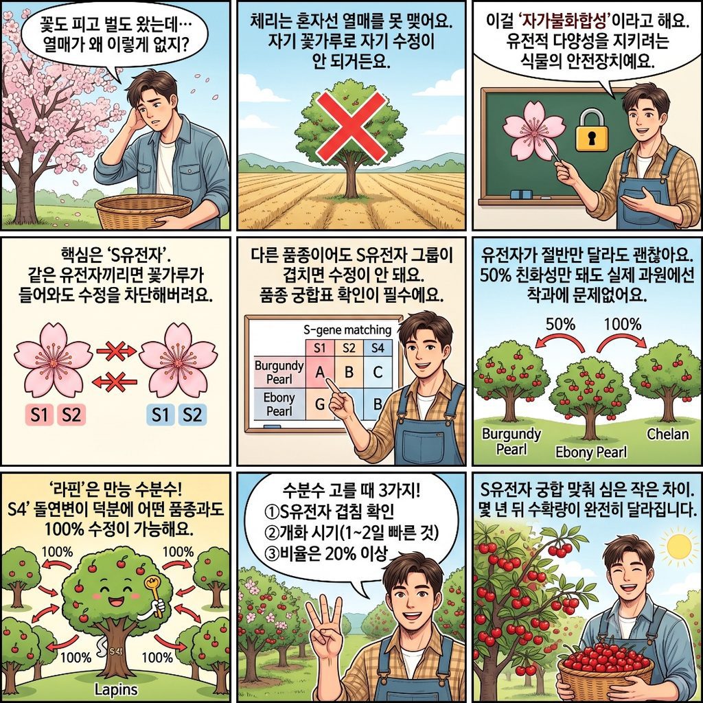 체리의 S유전자를 통한 수분 특성을 설명하는 웹툰