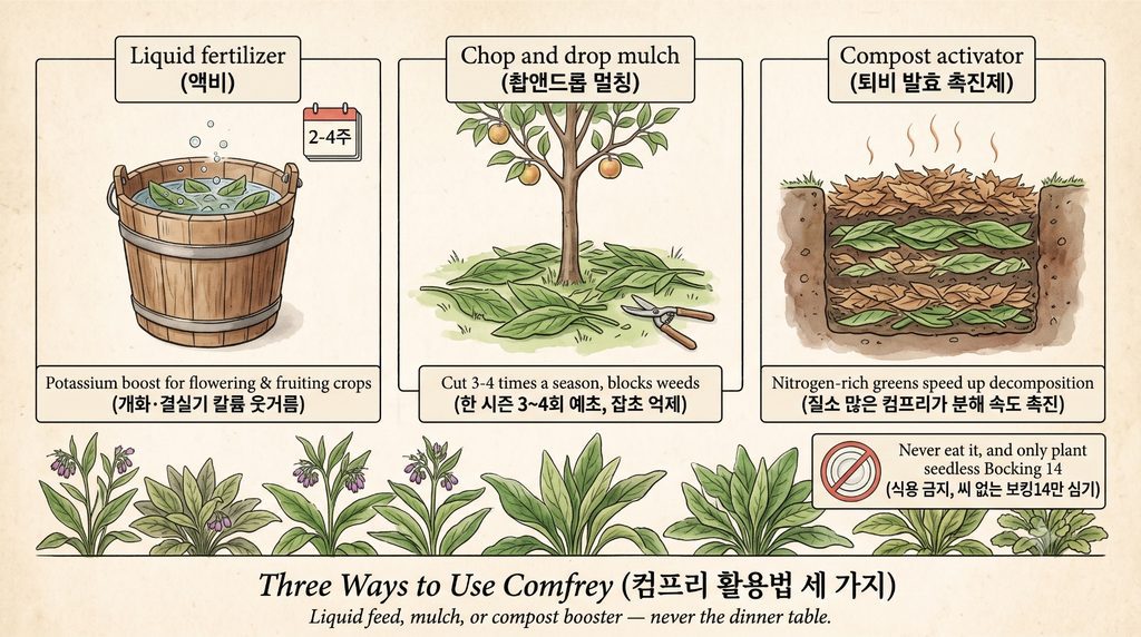 컴프리의 3가지 활용법에 관해 설명해주는 도감