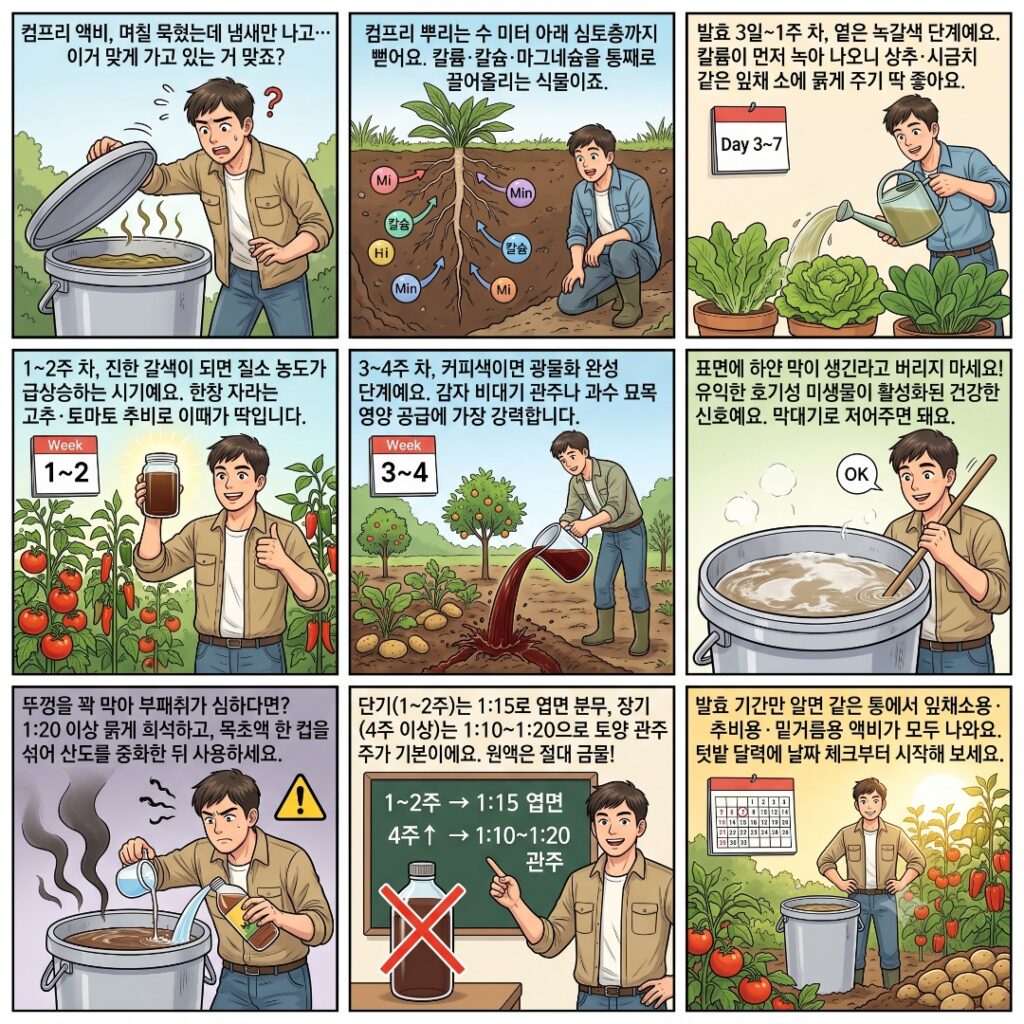 컴프리 액비의 시간에 따른 변화와 효능을 보여주는 웹툰