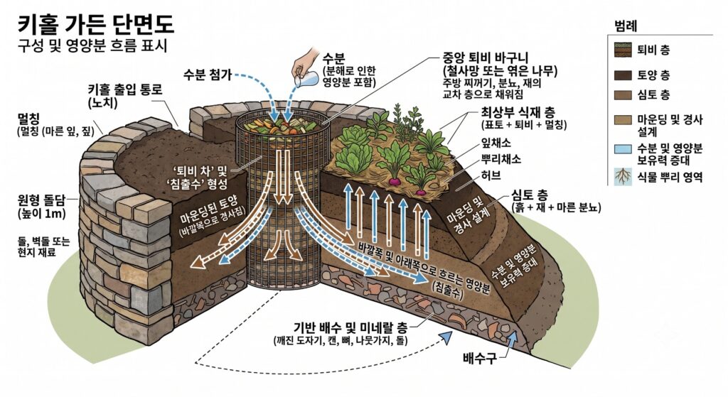 키홀 가든의 단면을 보여주는 다이어그램