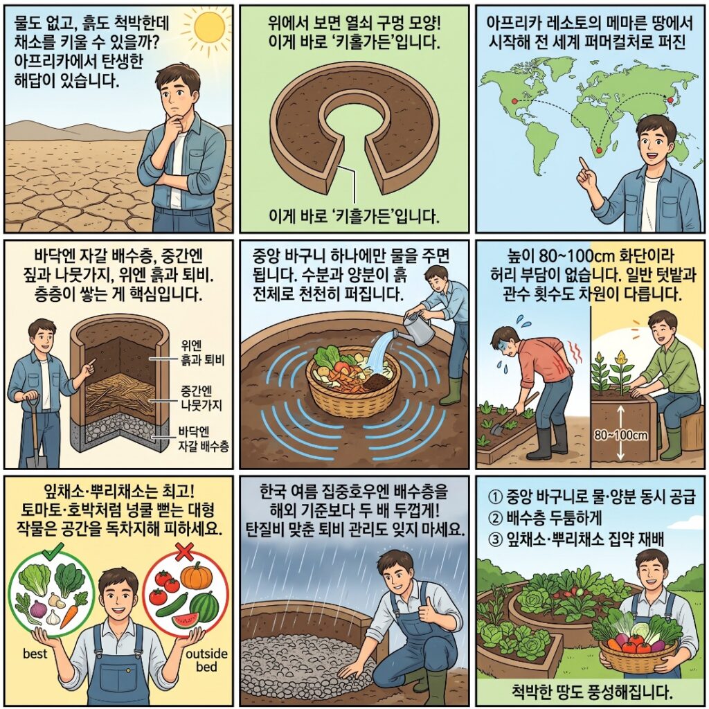 키홀가든의 원리와 이점에 대해 설명하는 그림