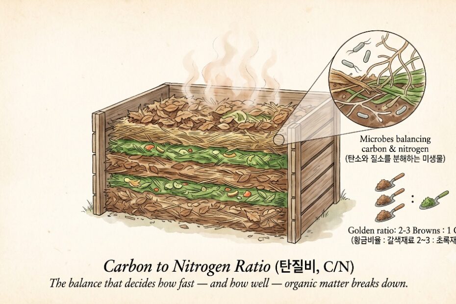 탄질비(C/N)에 대한 이해를 돕기 위해 구성물질의 비유를 보여주는 도감
