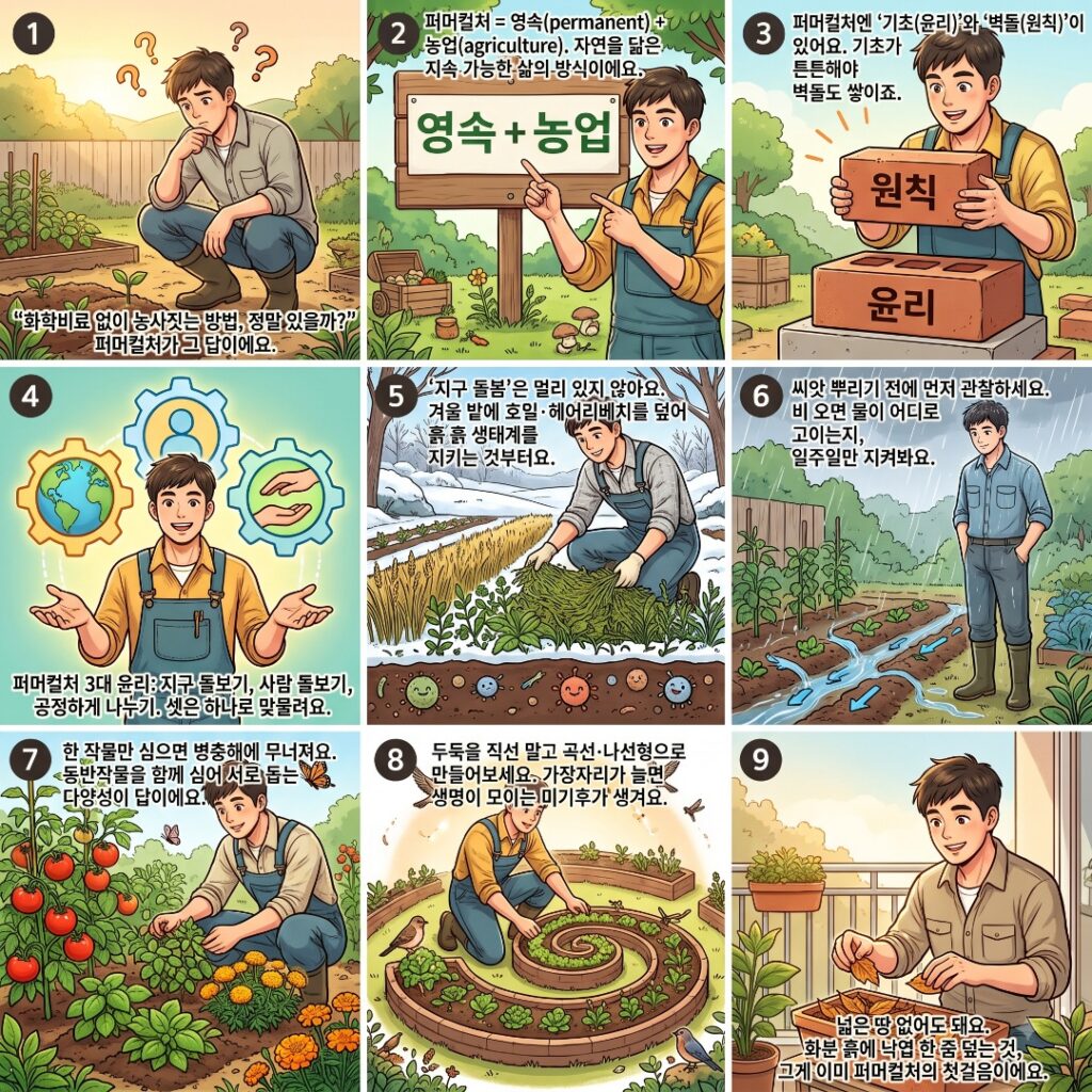 퍼머컬처 윤리와 원칙에 대해 설명하는 웹툰