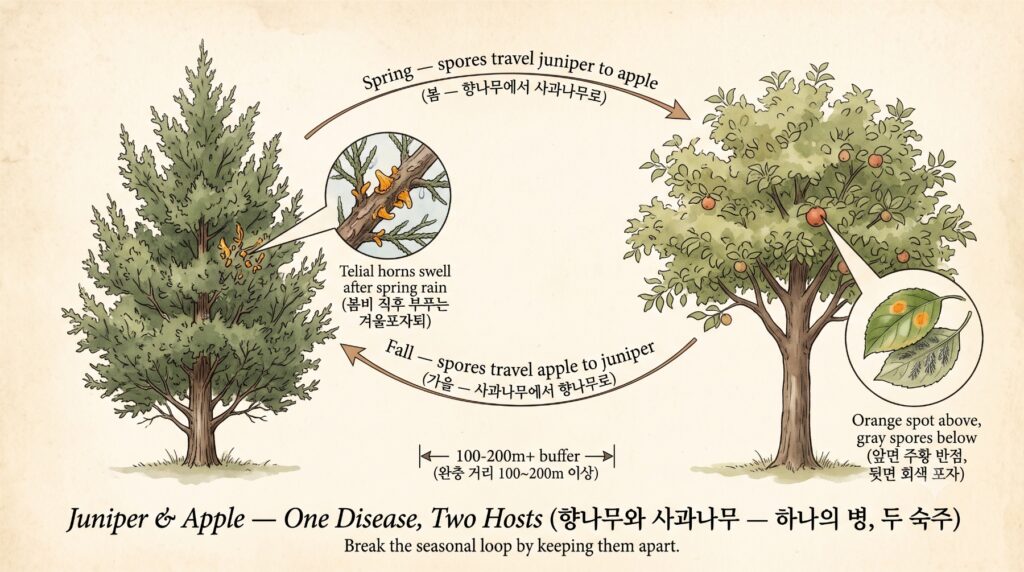 향나무와 사과나무 사이에서 적성병 포자가 이동하는 시기를 보여주는 도감