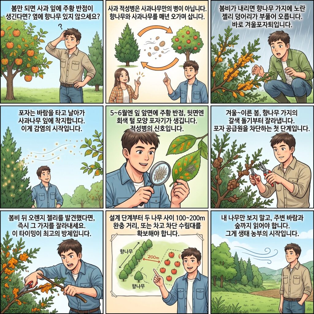 향나무와 사과나무 사이의 적성병 포자가 이동하는 경로와 완충거리를 설명하는 웹툰 