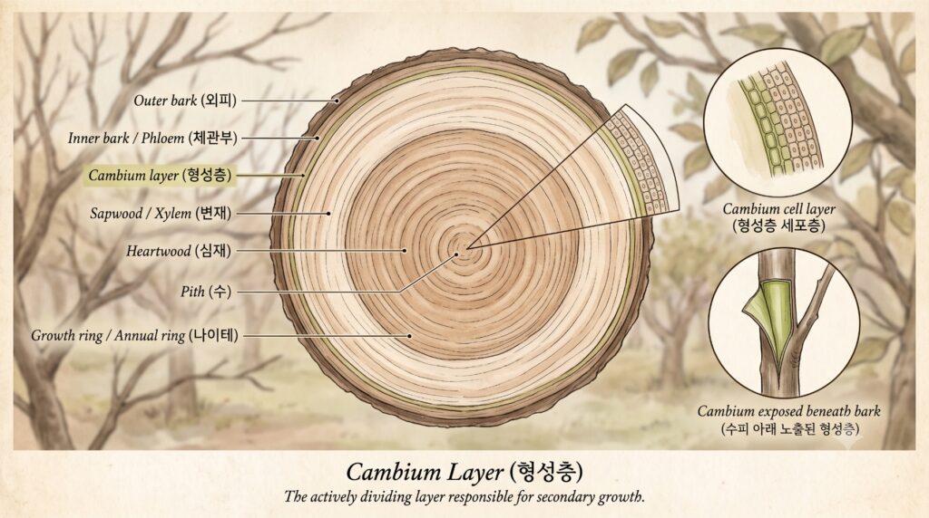 형성층을 보여주는 나무의 단면도