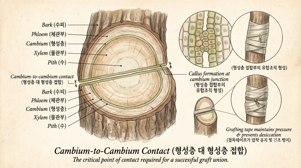 형성층의 접합부의 유합조직 형성을 보여주는 도감
