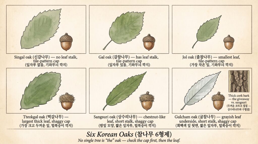 도토리 나무의 구분법을 보여주는 도감
