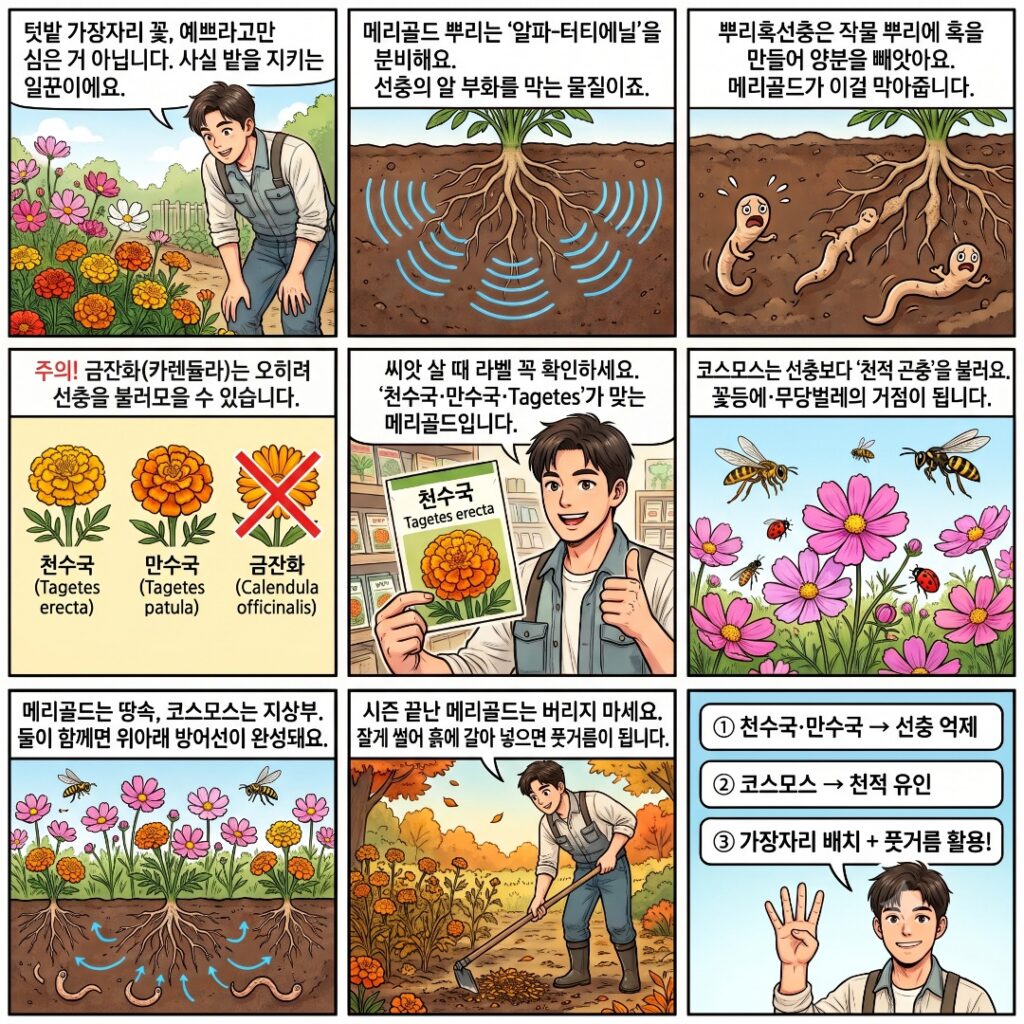 메리골드와 코스모스의 방제효과와 특징을 설명하는 웹툰