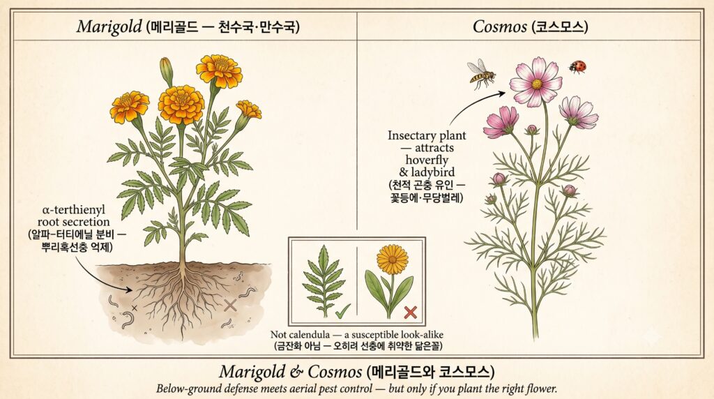 메리골드와 코스모스의 방제효능과 특징을 설명하는 도감