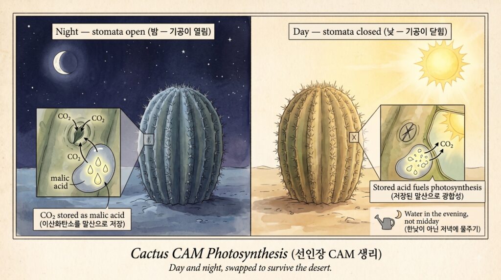 선인장 cam 생리에 관해 낮과 밤에 어떤 작용을 하는지 보여주는 도감