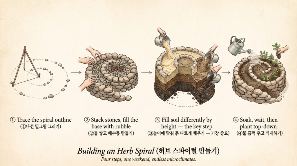 허브 스파이럴 가든 만드는 단계별 과정을 보여주는 도감