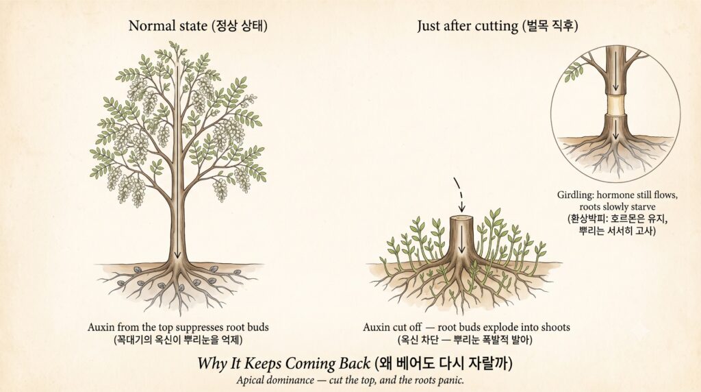 아까시나무의 옥신과 맹아력 그리고 환상박피까지 보여주는 도감