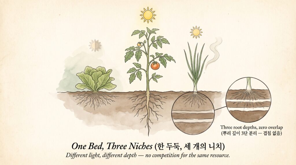 한 두둑에서 세 개의 니치가 공존하는 모습