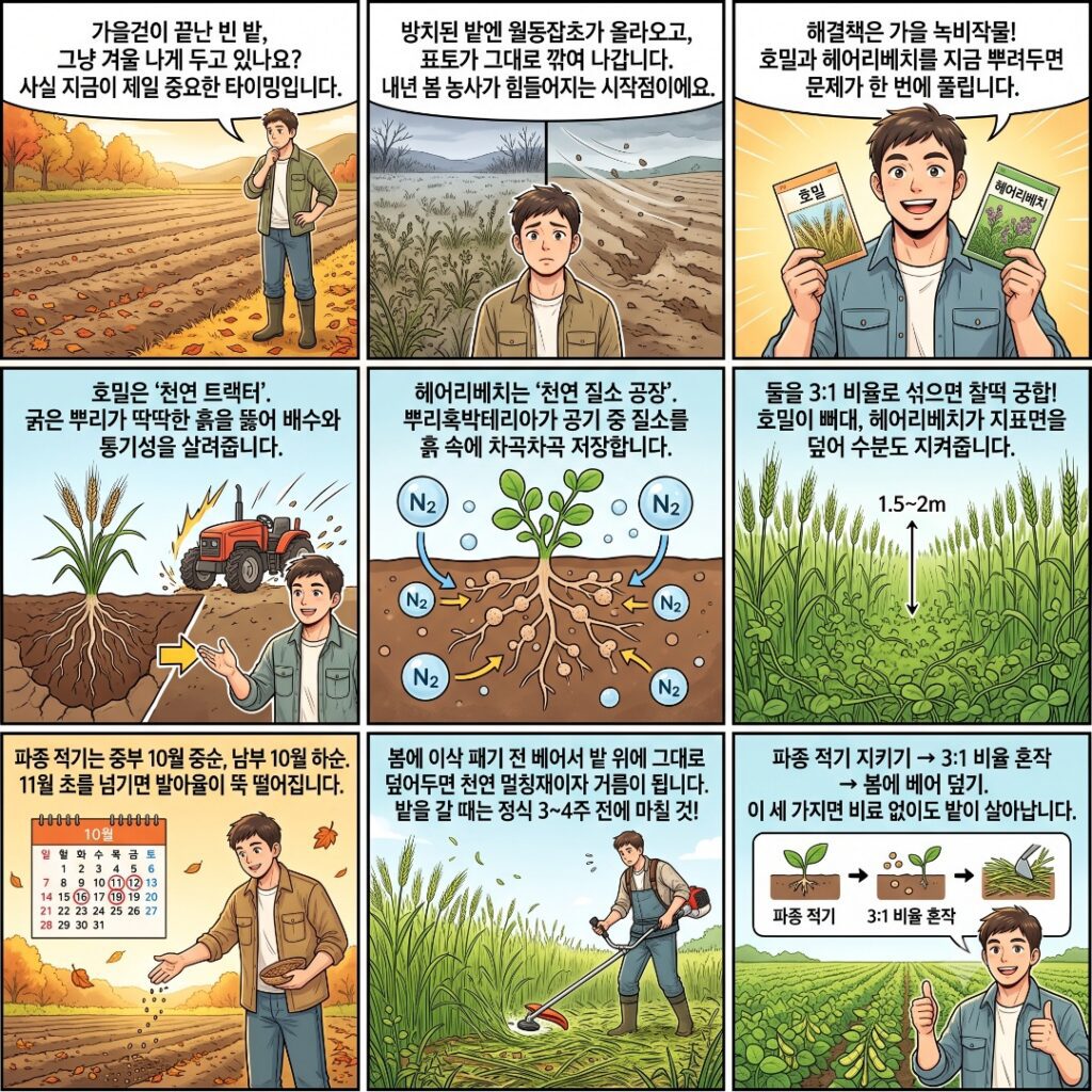 가을 녹비인 호밀과 헤어리베치 파종과 효과에 관한 웹툰