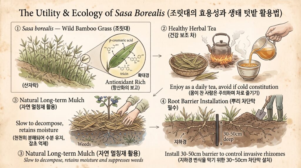 조릿대의 효용성과 생태 텃발 활용에 관한 설명